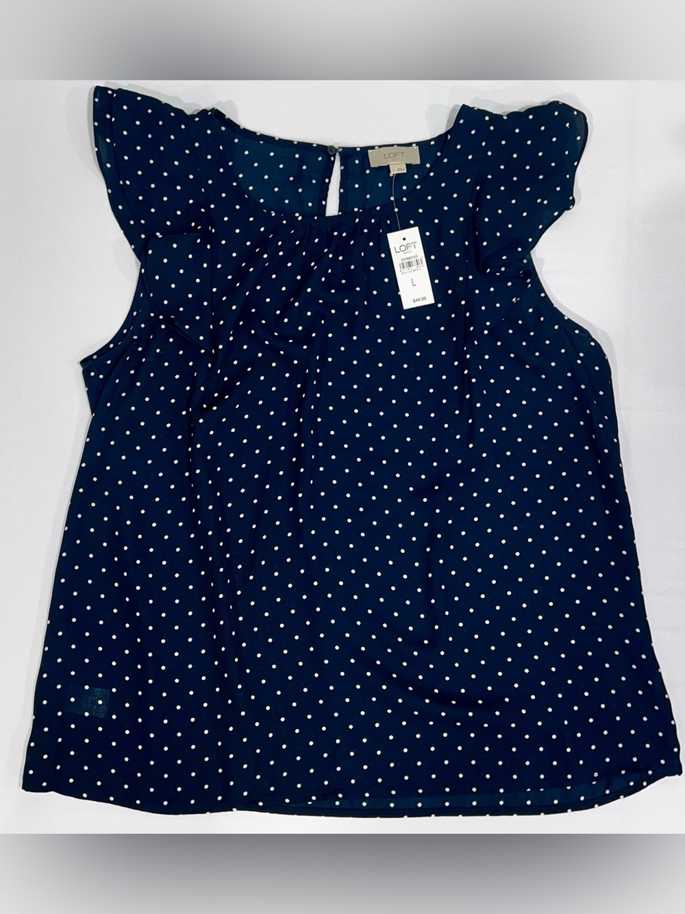 Loft Outlet Navy and White Polka-Dot Flutter Shoulder Blouse—New With Tags